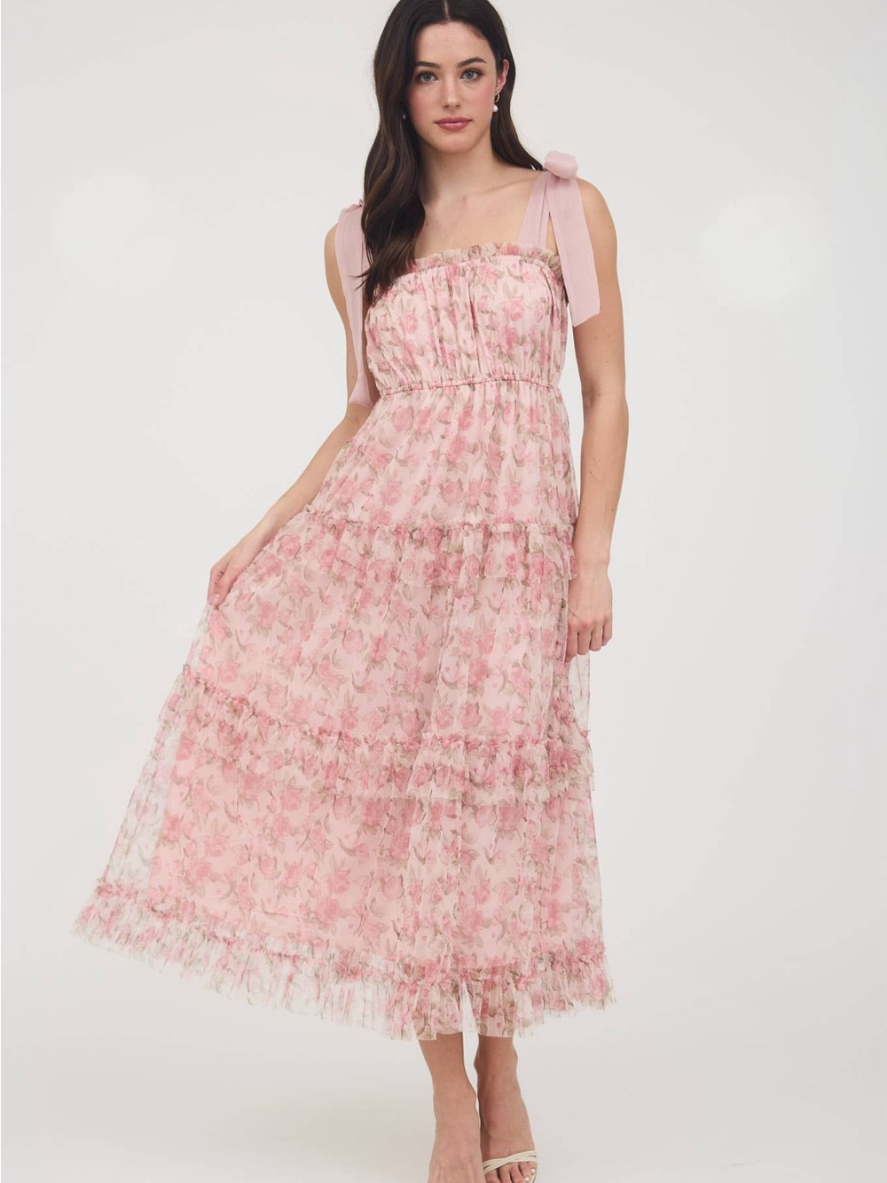 Pink Floral Tiered Maxi Dress with Tie Straps